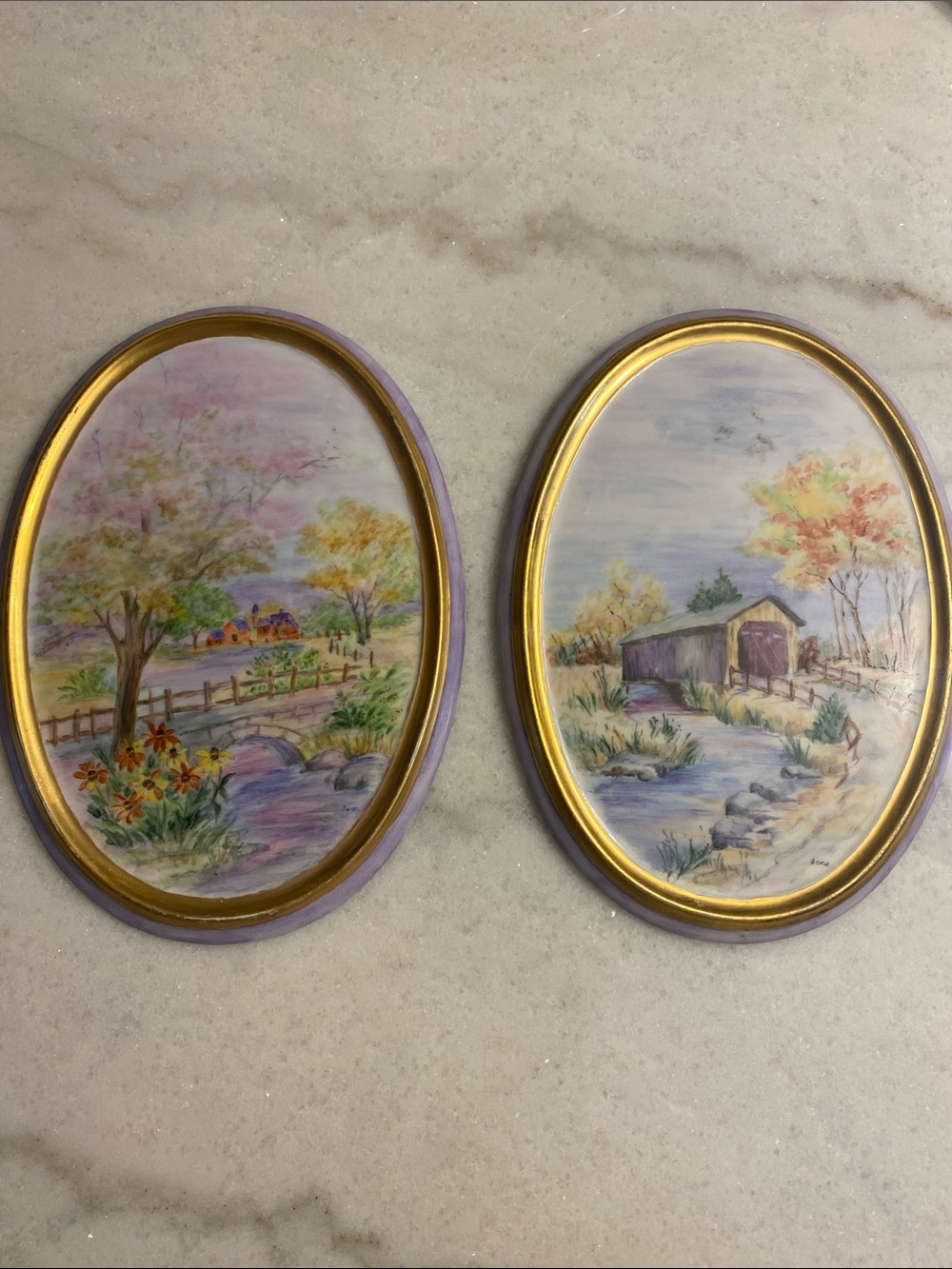 Vintage Hand Painted Oval Ceramic Wall Art  Cottage Barn Scene Gold Lavander